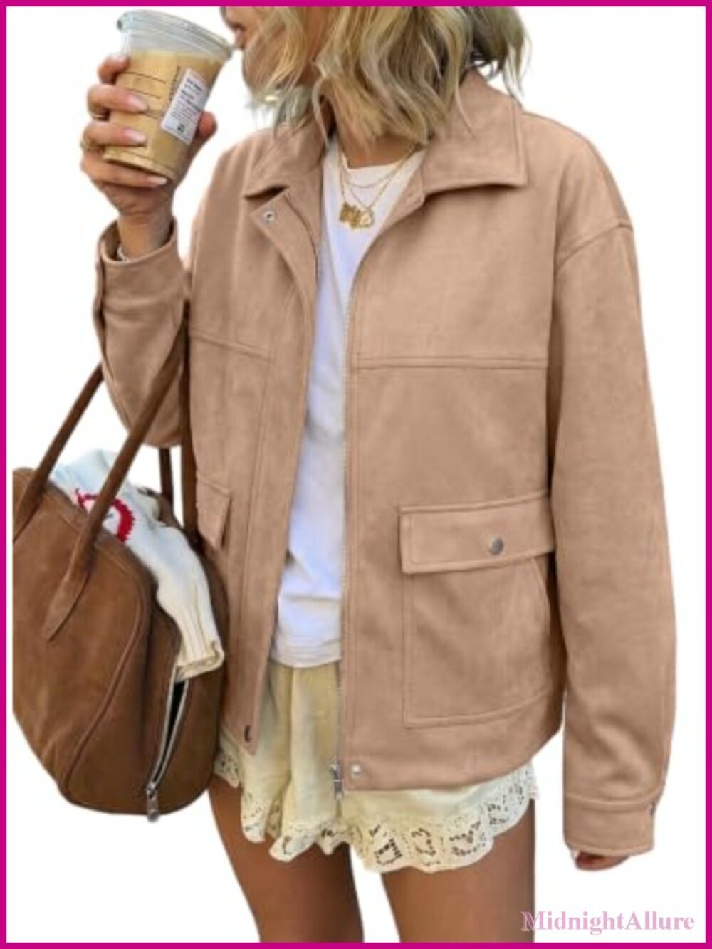 Faux Suede Bomber Jacket Womens Oversized Zip Up Casual Fall Coat